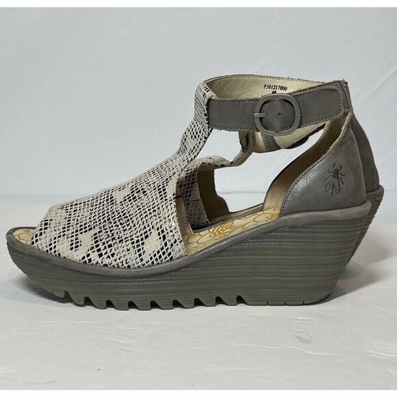 FLY LONDON Leather Wedge Sandals Ivory Beige Strap Snake Skin Women 9.5 / 40 - Picture 3 of 12